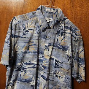 Men's Large Pierre Cardin Blue Island Design Hawaiian Short Sleeve Shirt